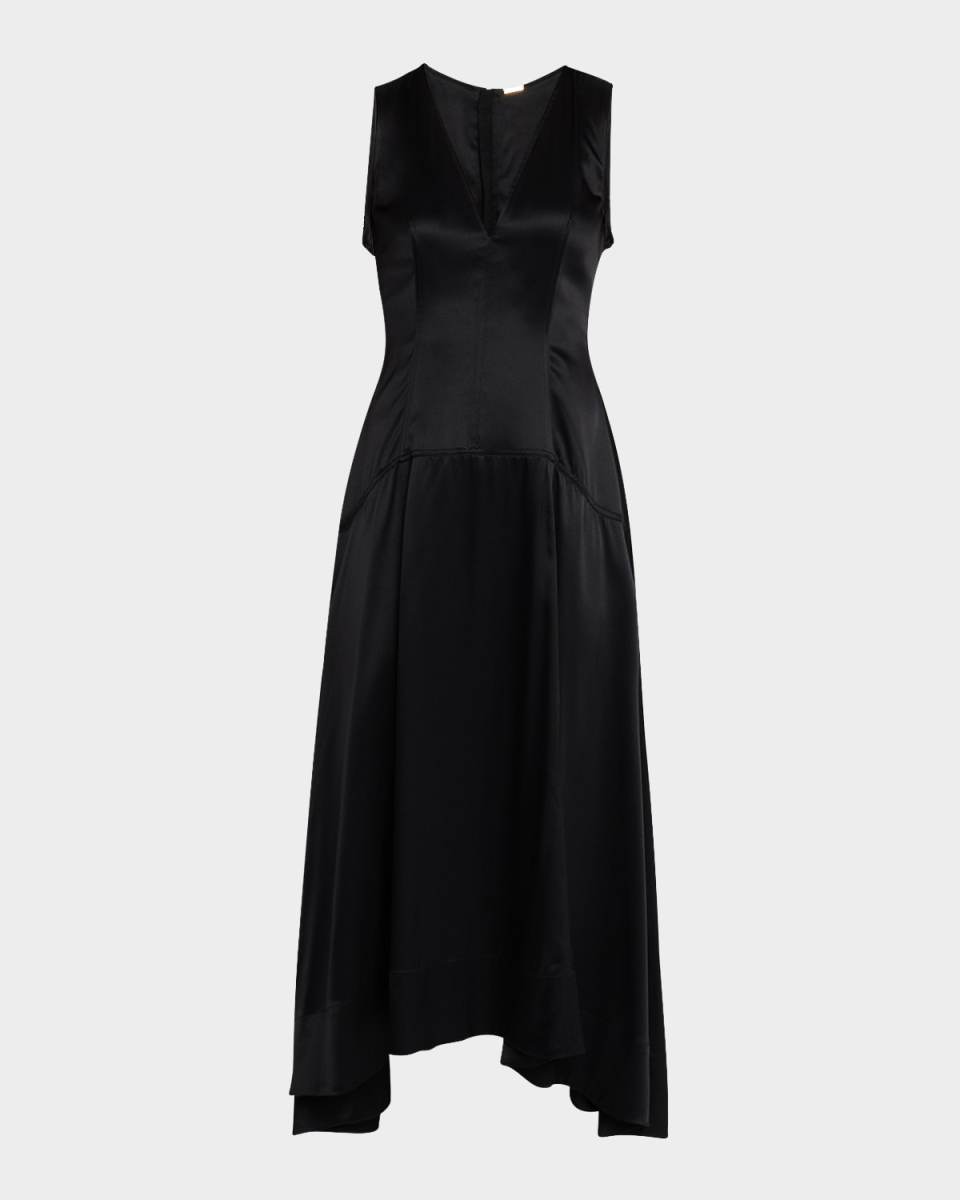 V-Neck Drop-Waist Silk Charmeuse Midi Dress